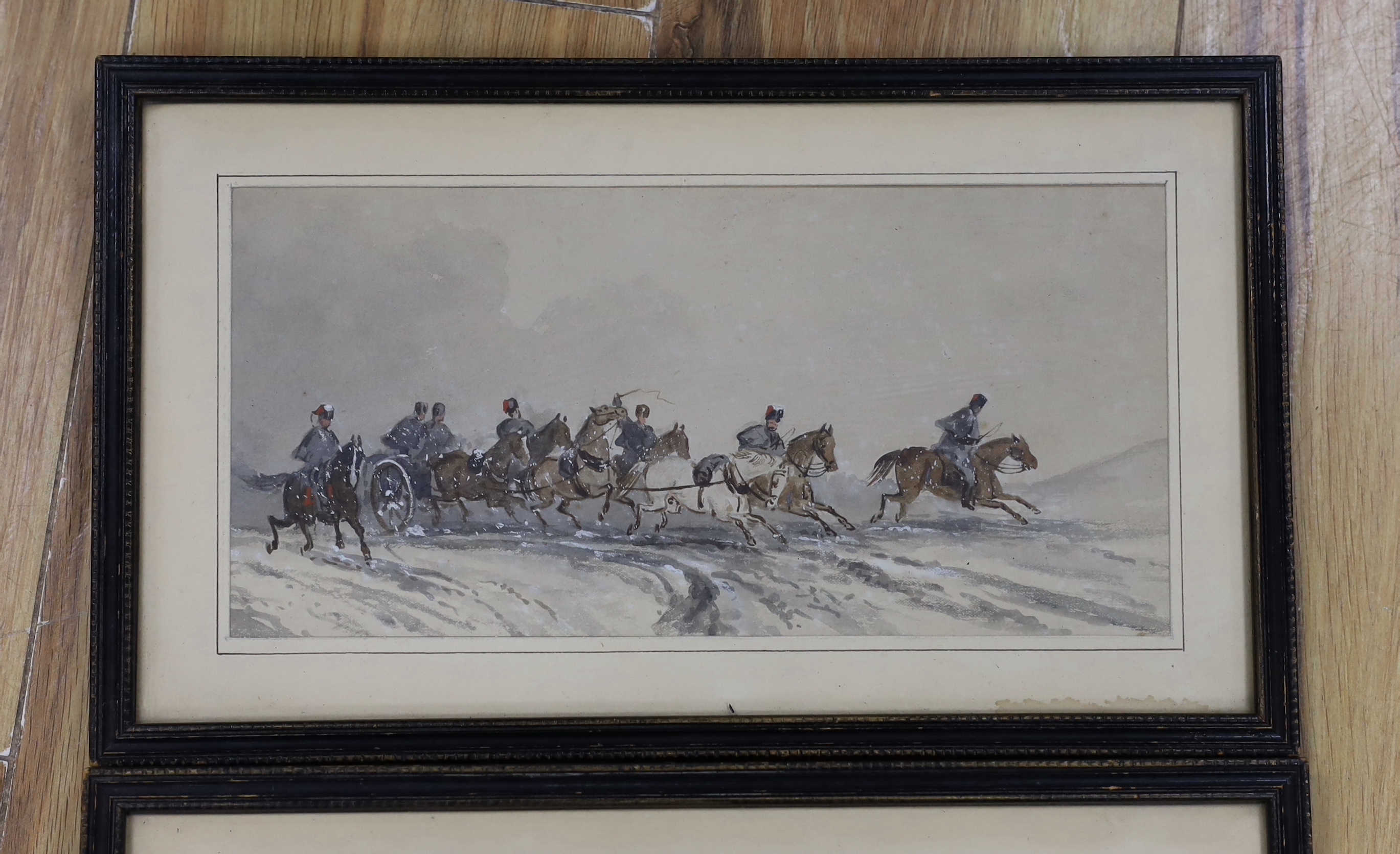 19th century, set of three heightened watercolours, Crimean battle scenes, two indistinctly signed, 27cm x 13cm